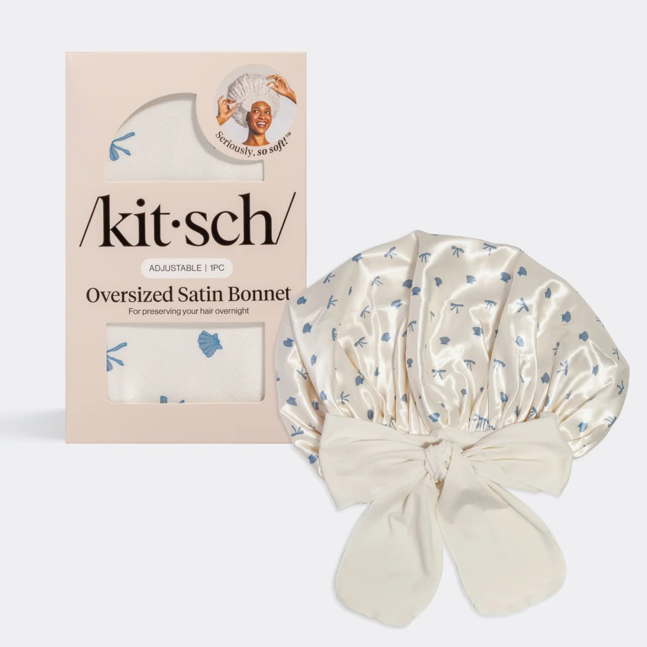 Kitsch Adjustable Oversized Satin Bonnet - Pearlized Cream & Coastal Blue Print - Shelley and Co