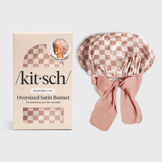 Kitsch Adjustable Oversized Satin Bonnet - Terracotta Checker - Shelley and Co