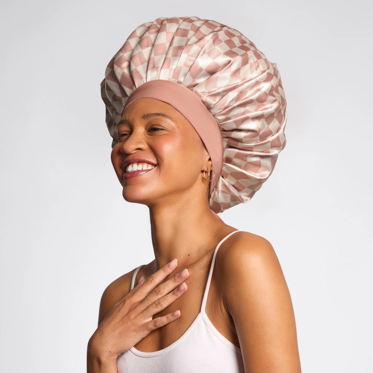Kitsch Adjustable Oversized Satin Bonnet - Terracotta Checker - Shelley and Co