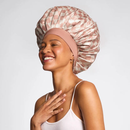 Kitsch Adjustable Oversized Satin Bonnet - Terracotta Checker - Shelley and Co