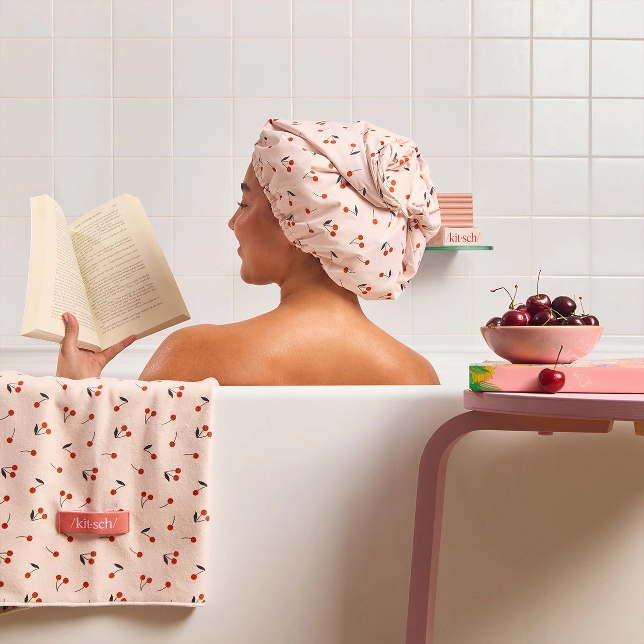 Kitsch Satin - Lined Flexi Shower Cap - Cherry Print - shelley and co