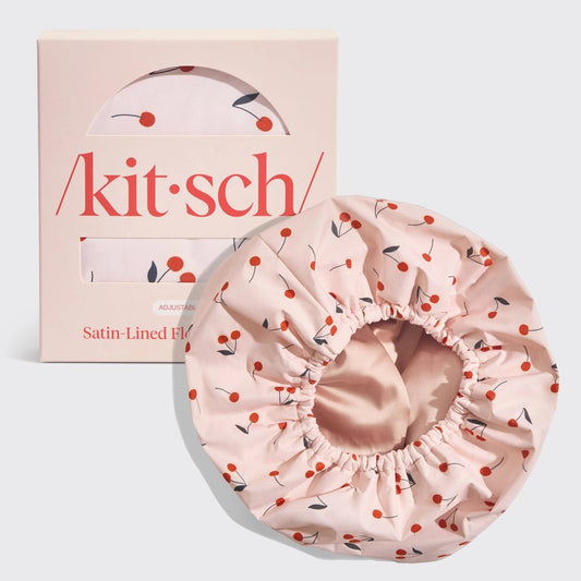 Kitsch Satin - Lined Flexi Shower Cap - Cherry Print - shelley and co
