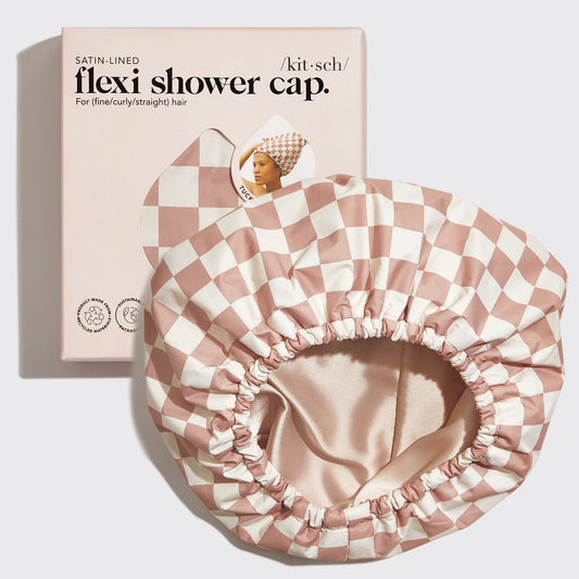 Kitsch Satin - Lined Flexi Shower Cap - Terracotta Checker - shelley and co