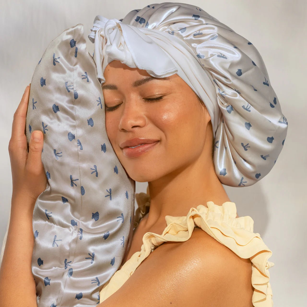 Kitsch Satin Pillowcase - Pearlized Cream & Coastal Blue Print - Shelley and Co