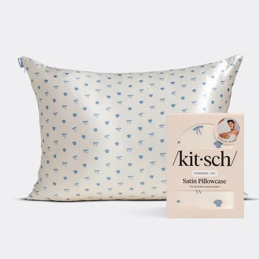 Kitsch Satin Pillowcase - Pearlized Cream & Coastal Blue Print - Shelley and Co