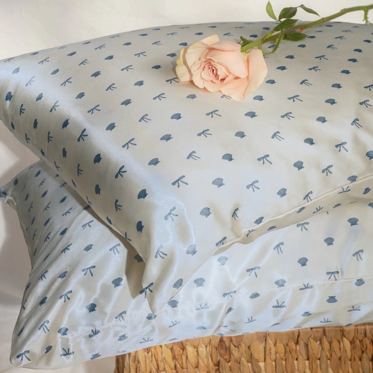 Kitsch Satin Pillowcase - Pearlized Cream & Coastal Blue Print - Shelley and Co