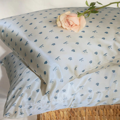 Kitsch Satin Pillowcase - Pearlized Cream & Coastal Blue Print - Shelley and Co