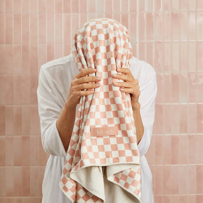 Kitsch XL Microfiber Hair Towel Wrap - Terracotta Checker - Shelley and Co